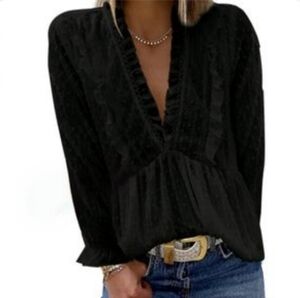 New Black Chiffon Swiss Dot Lantern Sleeved Blouse